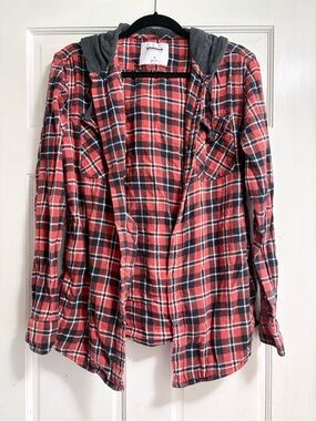 Sonoma Red and Black Plaid Hooded Flannel Button-Down